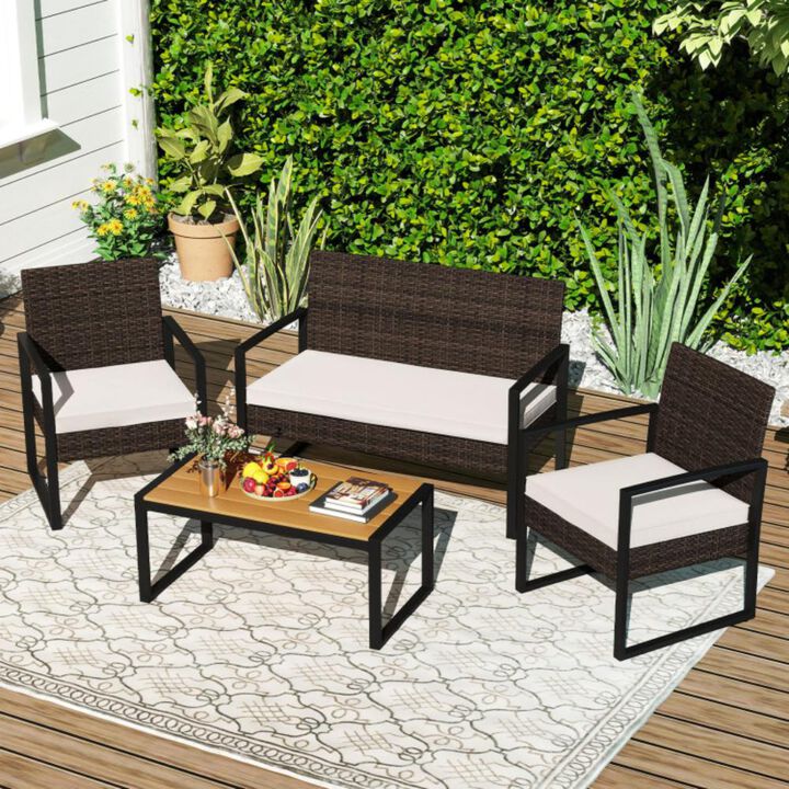 Hivvago 4 Piece Patio Furniture Set Outdoor Rattan Conversation Set with Cushioned Chairs and Wood Plastic Coffee Table