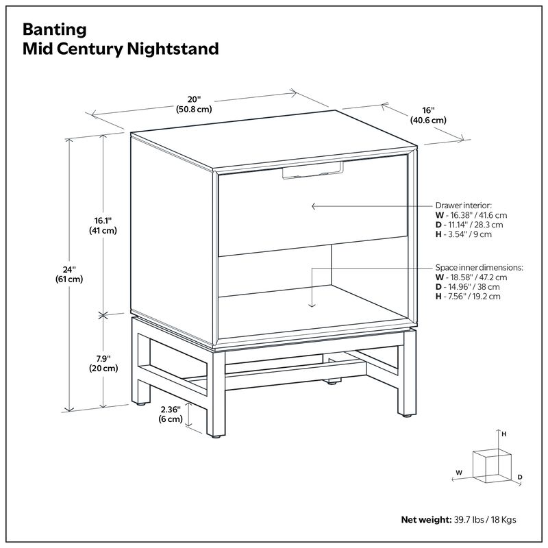 Banting SOLID HARDWOOD 20 inch Wide Industrial Mid Century Nightstand in Walnut Brown