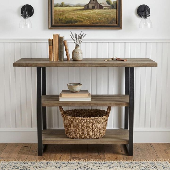 HomeRoots 47" Brown and Black Wood and Metal Distressed Console Table With Two Shelves