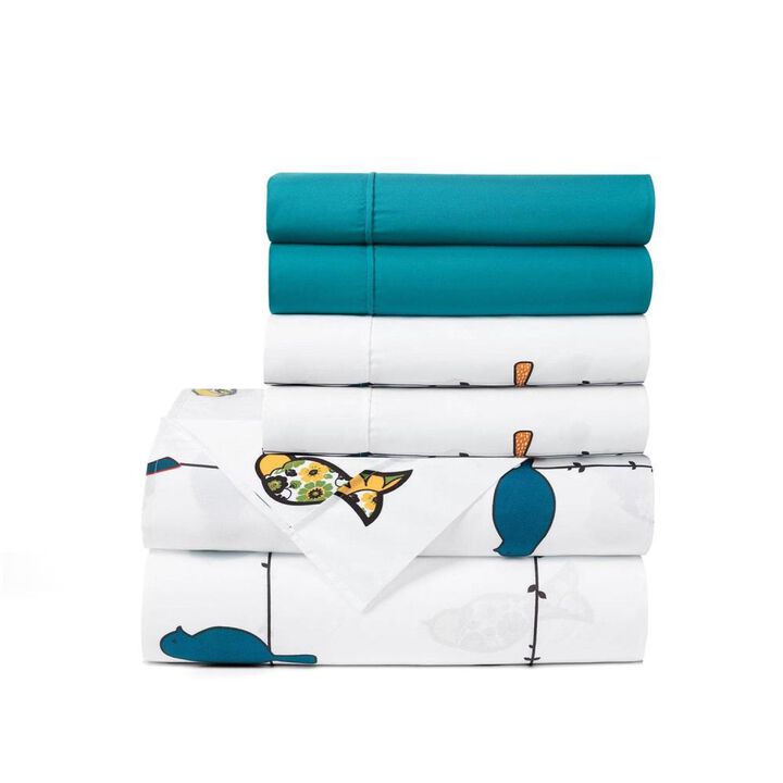 Hivvago King Teal Yellow White Floral Birds on Wire Soft Polyester 6 Piece Sheet Set
