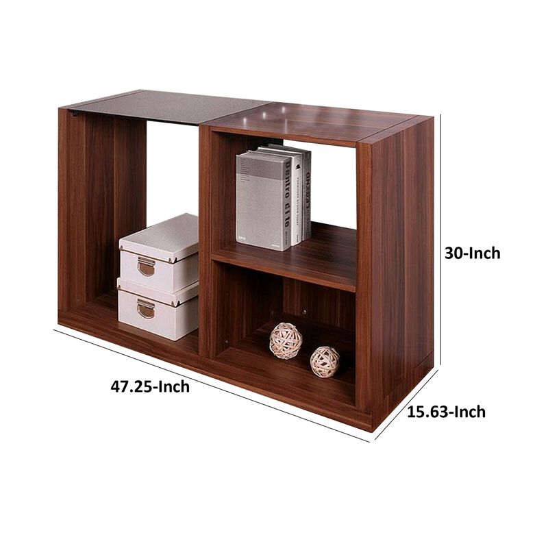 Bere 47 Inch Sofa Table with Black Glass Top, Open Shelves, Brown Wood