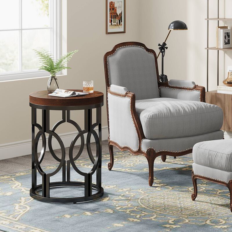 Industrial Round End Table, Side Table with Metal Hollow Frame image number 3