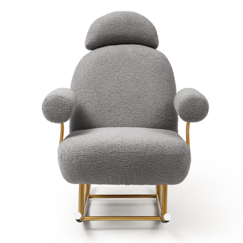 Modern Sherpa Fabric Nursery Rocking Chair, Accent Upholstered Rocker Glider Chair for Baby and Kids, Comfy Armchair with Gold Metal Frame, Leisure Sofa Chair for Nursery/Bedroom/Living Room/Office, Grey