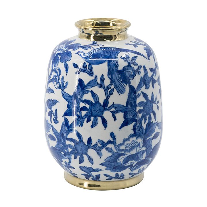 HomeRoots 11" Blue White And Gold Chinoiserie Floral Porcelain Table Vase