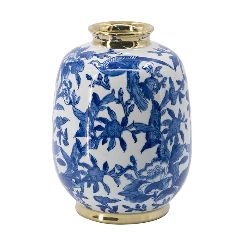 HomeRoots 11" Blue White And Gold Chinoiserie Floral Porcelain Table Vase image number 0