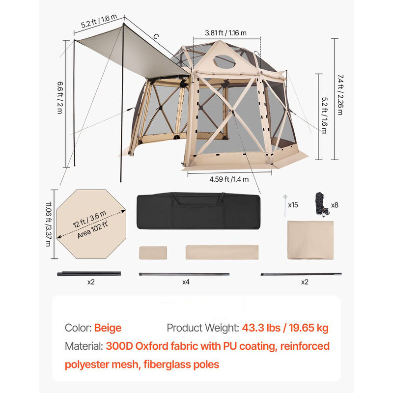 Pop Up Screen House Tent for 8-10 People with Removable Canopy and Carry Bag-Beige image number 2