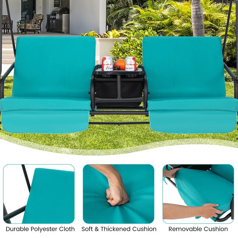 Mondawe 2-Person Canopy Metal Porch Swing Padded Chair with Cooler Bag Rotatable Tray