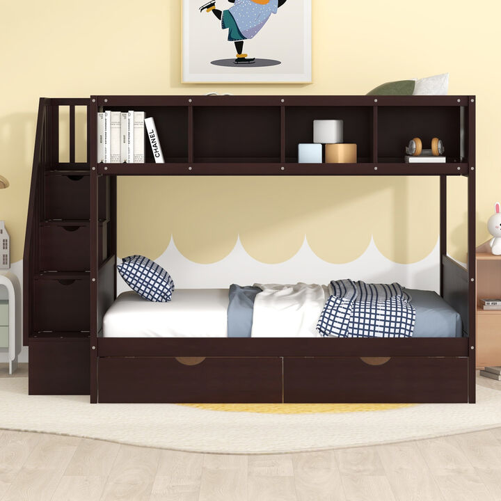Twin over Full Bunk Bed with Shelfs, Storage Staircase and 2 Drawers, Espresso