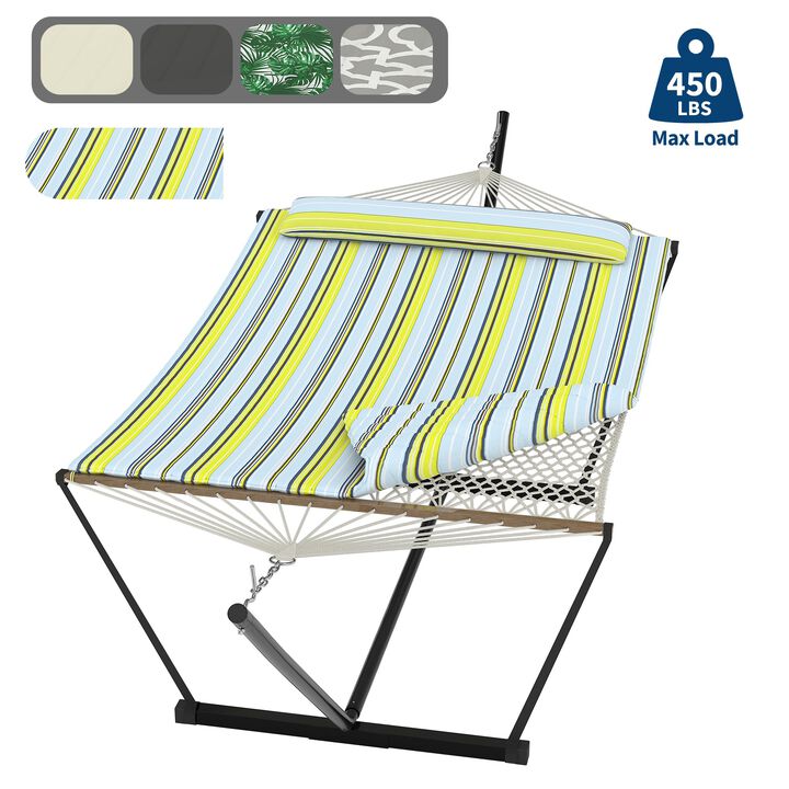 Heavy Duty Double Hammock with Stand &ndash; 2 Person, 475 lbs, Cotton Rope, Quilted Pad, Hardwood Bars, Portable Patio & Garden