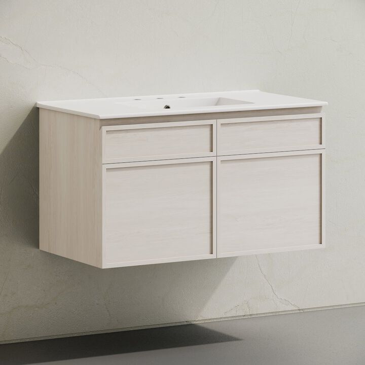 36" Wall-Mounted Bathroom Vanity in White Oak with 3-Hole Widespread Sink Top