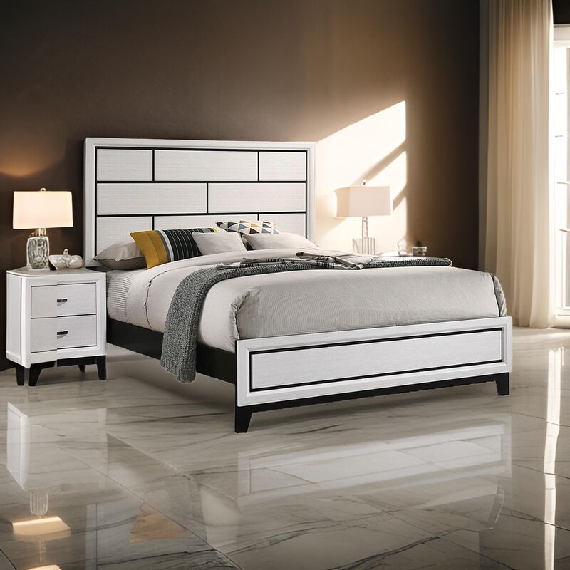 Erica King Size Bed, White and Black Wood Finish, Panel Style Headboard - Benzara