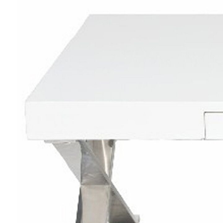Rix 48 Inch Coffee Table, 1 Drawer, X Shaped Steel Legs, White Wood Top