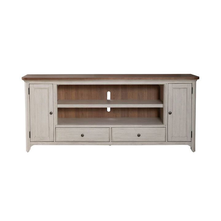 Liberty Furniture Farmhouse Reimagined 80 Inch TV Console  - Antique White with Chestnut Tops