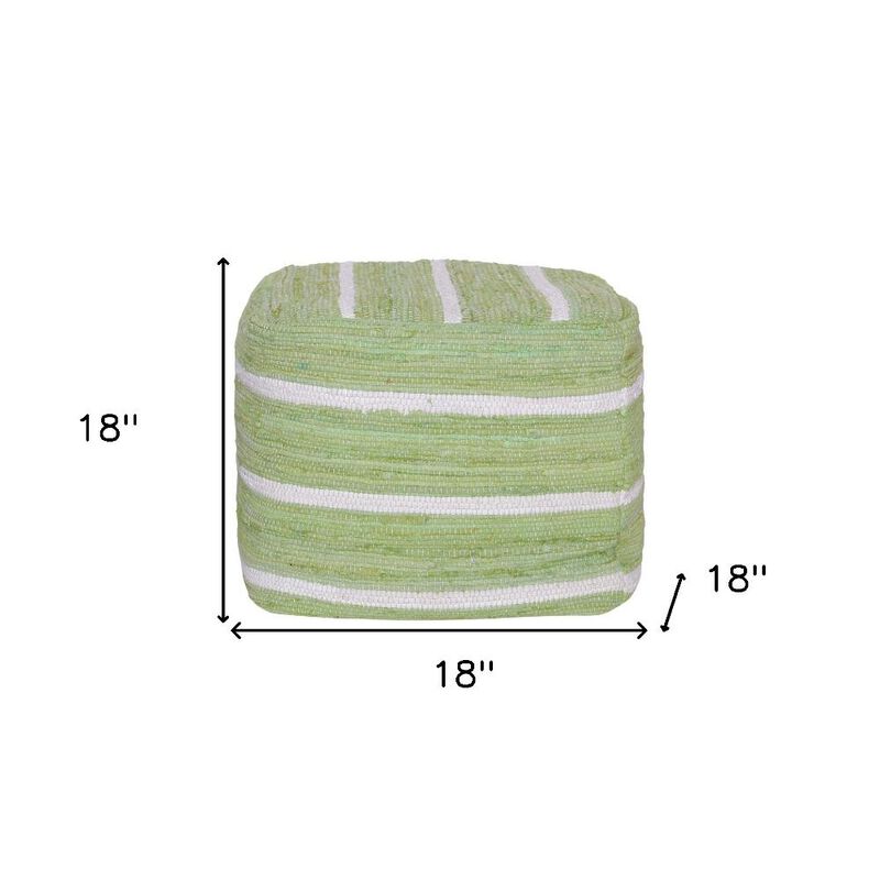 Hivvago 18 Inch Green And White Cotton Cube Striped Pouf Ottoman