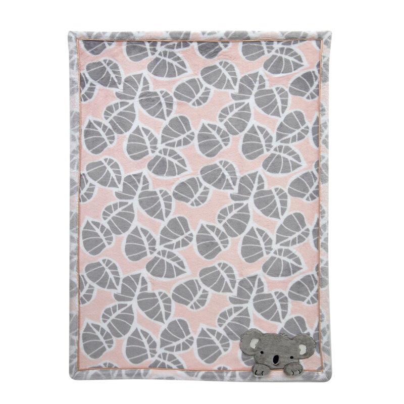 Lambs & Ivy Calypso Pink/Gray Koala Leaf Print Luxury Coral Fleece Baby Blanket