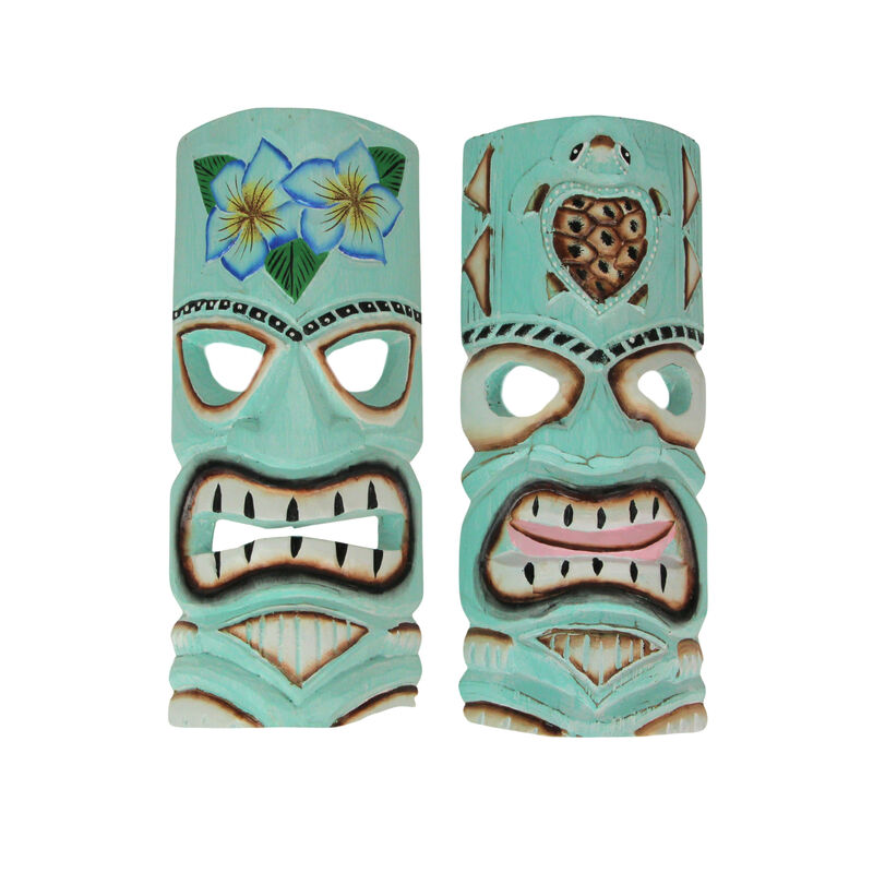 Aqua Blue Tiki Wall Masks &ndash; Flower & Sea Turtle Design, 12"x5"x2" Tropical Decor image number 0