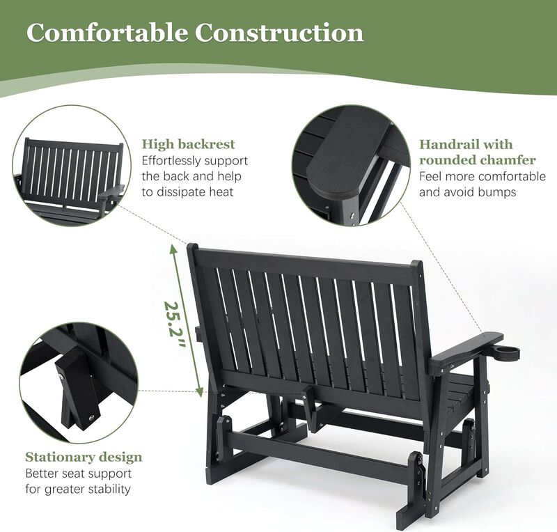 Poly Lumber Patio Glider Two Seat with Cup Holders, Durable HIPS Material, All-Weather Resistant, High Backest and Deep Contoured Seat, Heavy Duty 900 LB, for Outdoor, Porch, Patio (Carbon Black)