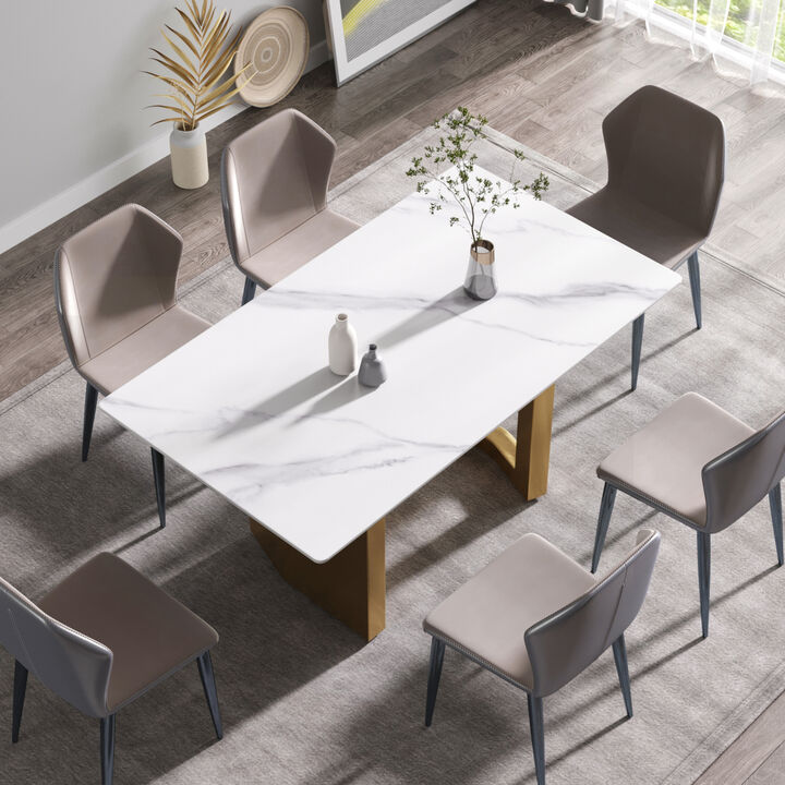 63" Modern artificial stone white straight edge golden metal leg dining table -6 people