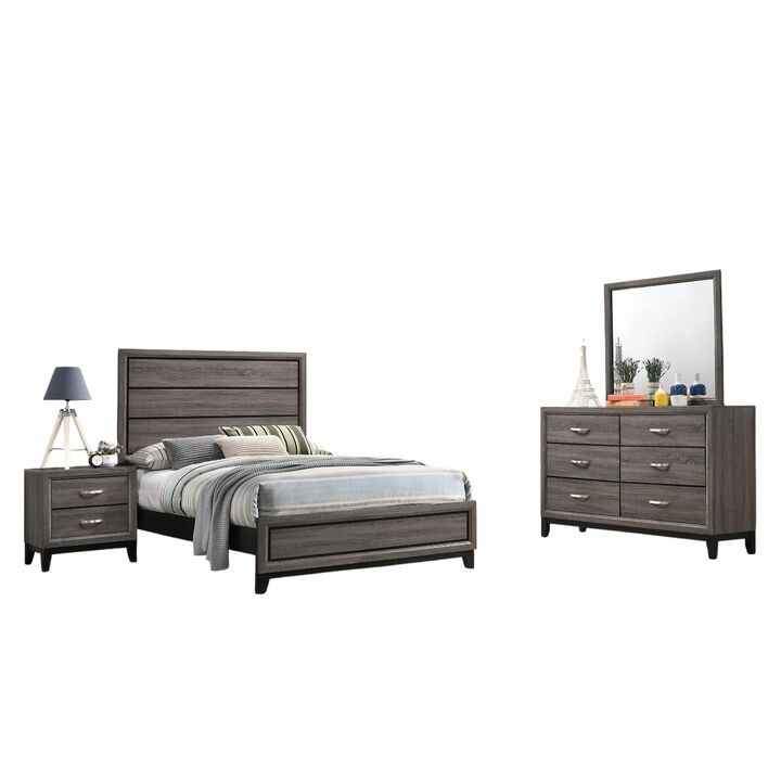 Mela 4pc Full Size Bedroom Set, Dresser, Nightstand, Mirror, Oak Gray - Benzara