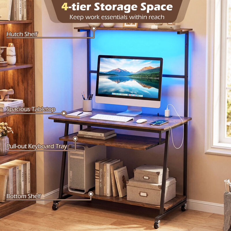 Small Rolling Computer Desk with LED Lights and Charging Station image number 7