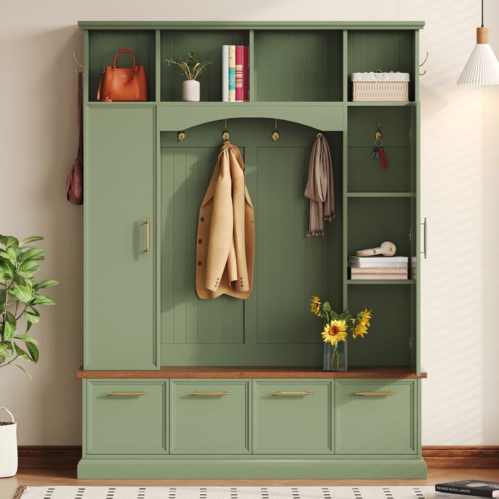 Merax Farmhouse Hall Tree with Gold-Tone Handles, Upper Cabinets with Hooks & Adjustable Shelves