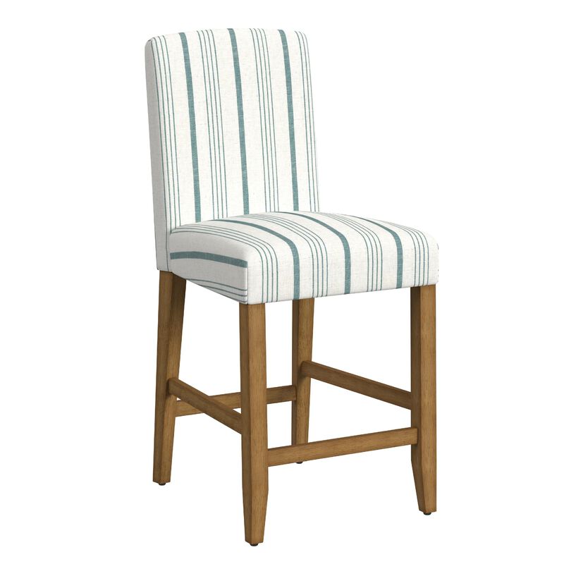 Pior Counter Stool Chair, Blue and White Stripe, Brown Wood Legs