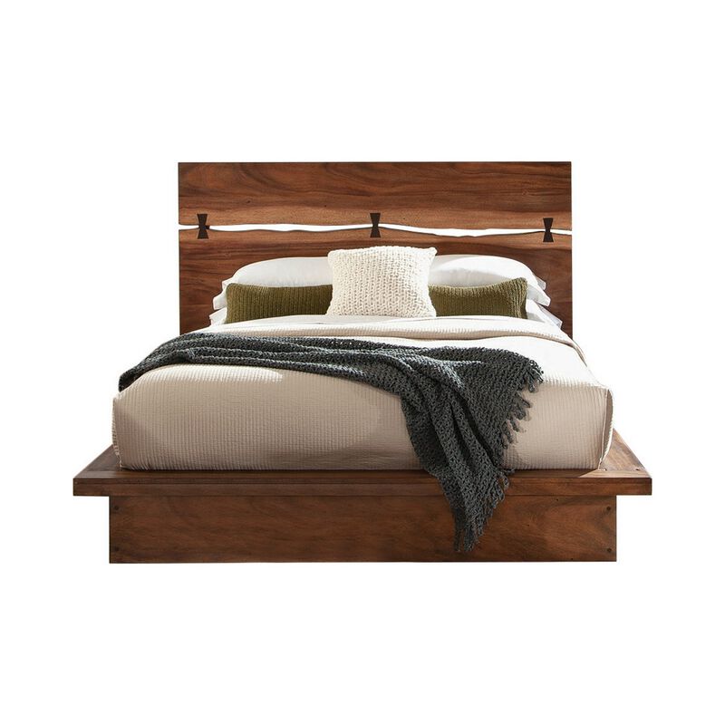 Zeko King Size Platform Plinth Bed with Natural Edge, Walnut Brown Wood - Benzara