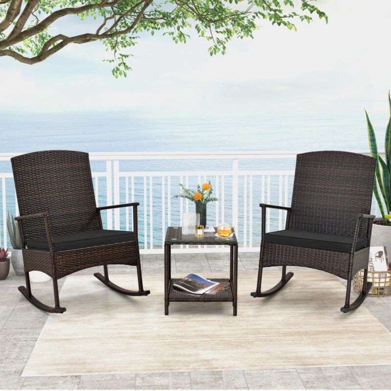Hivvago 3 Piece Patio Rocking Set Wicker Rocking Chairs with 2-Tier Coffee Table