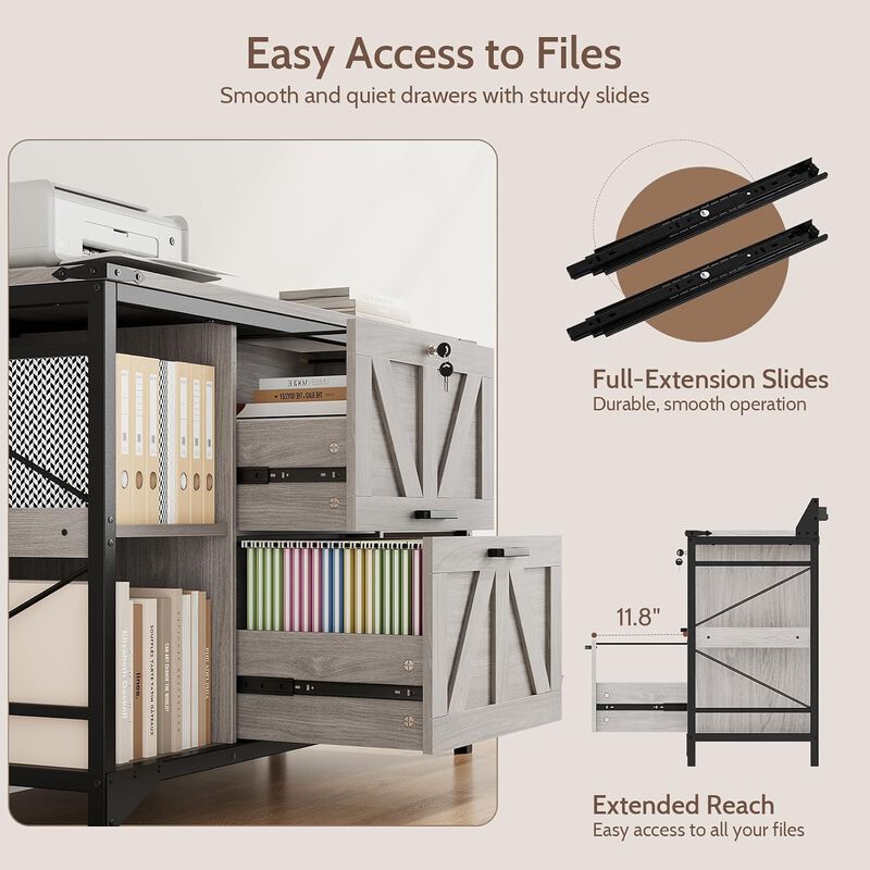 44"W File Cabinet, Lateral Filing Cabinet with 4 Shelves and 2 Drawers, Office Storage Cabinet with Lock & Charging Station, Wooden Printer Stand image number 6