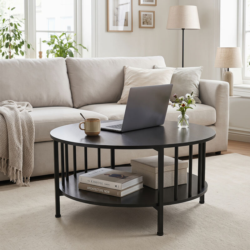 2 Tier Round Coffee Table with Open Storage Shelf and Metal Frame image number 5