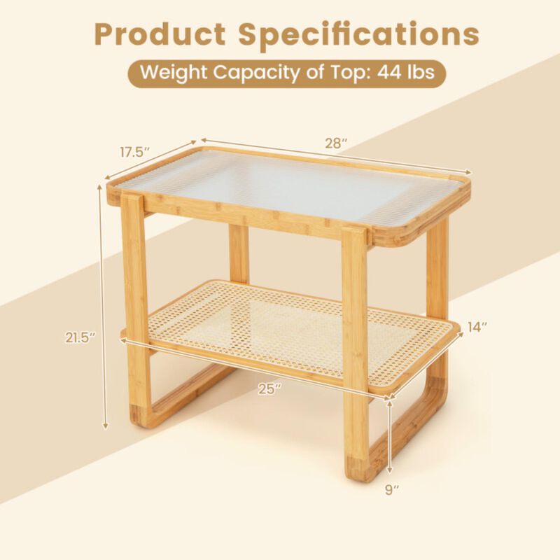 Hivvago 2-tier Bamboo Side Table with Glass Top-Natural