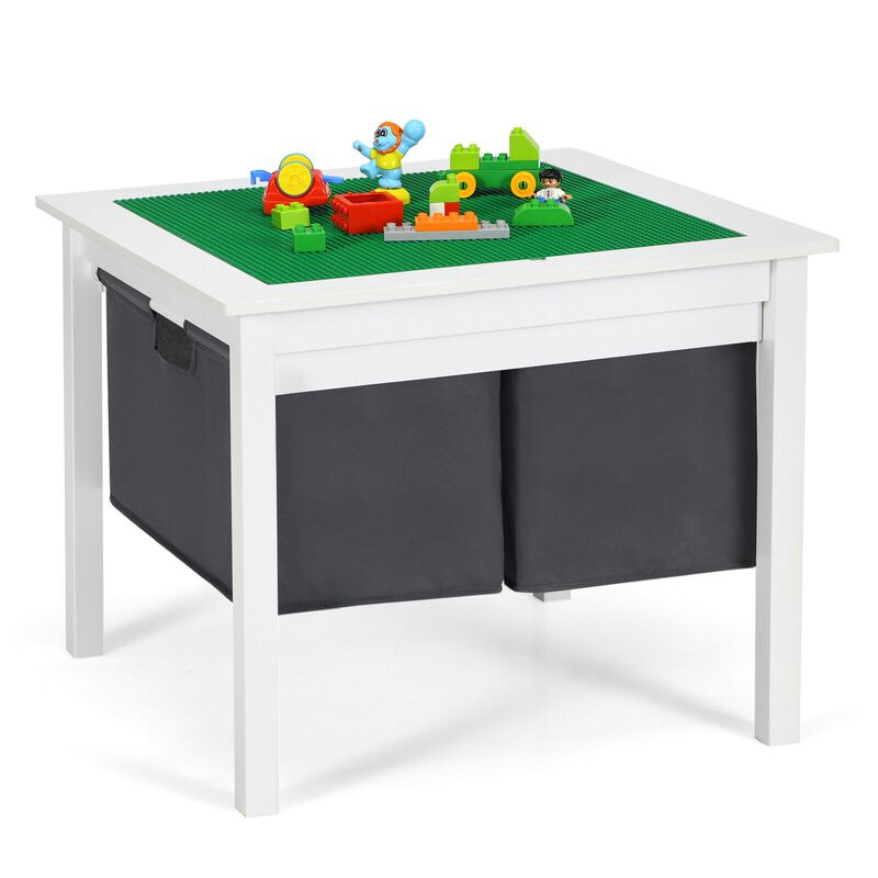 2-in-1 Kids Double-sided Activity Building Block Table with Drawers - White
