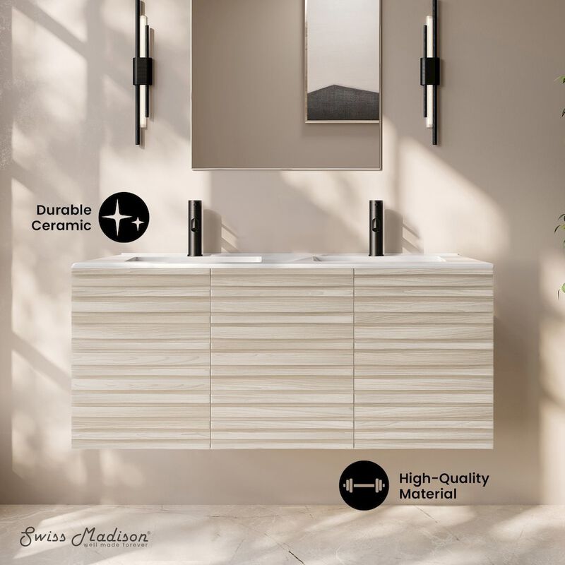 Cascade 48" Wall-Mounted Bathroom Vanity in White Oak with Double Basin Sink Top image number 1