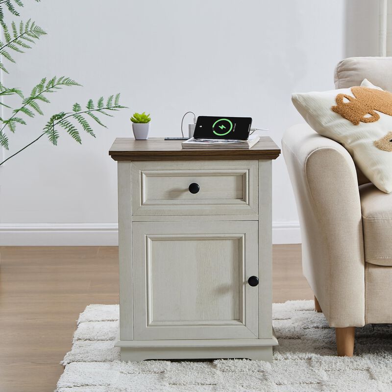 REDAYFUR End Table with Charging Station, Fast Charge, End Table with Drawer, Big Storage Side Table for Living Room/Bedroom, Wh