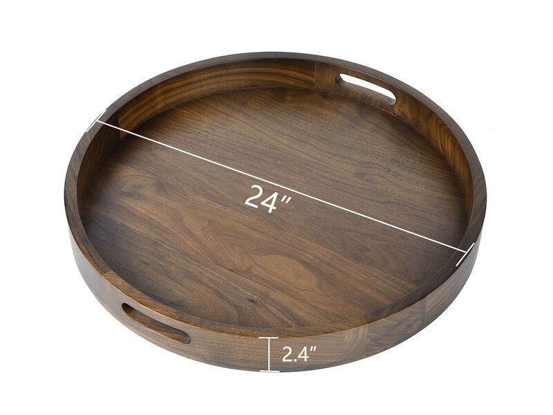 Round Black Walnut Wood Serving Tray Ottoman Tray with Handles image number 2