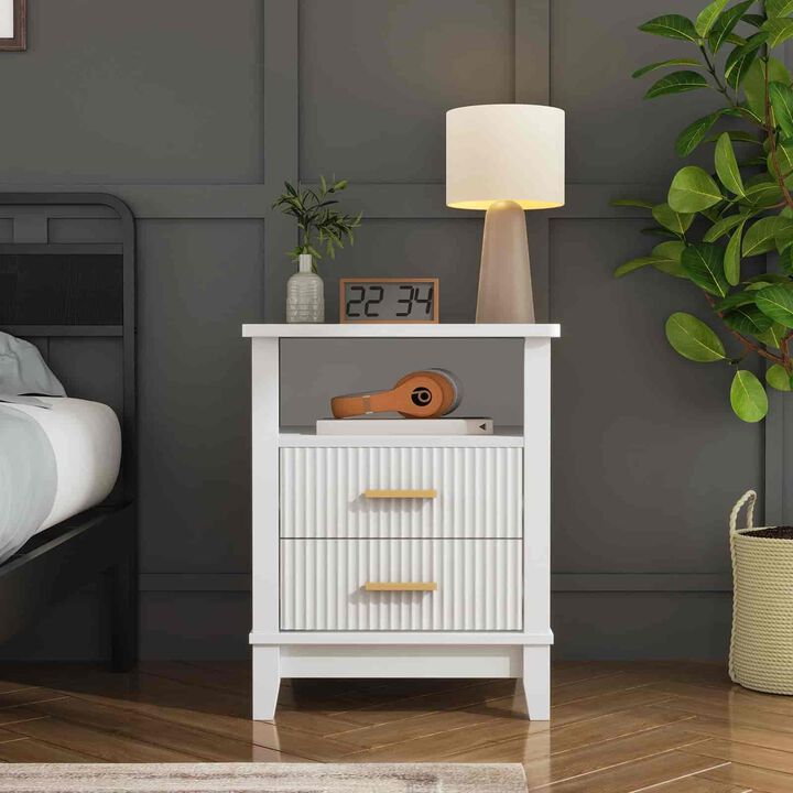 Nightstand with 2 Drawers, LED Light Strip and Storage End Table -White