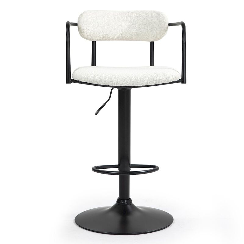 Glamour Home Beige Boucle Fabric Adjustable Swivel Bar Stool Black Iron Arms and Pedestal Leg