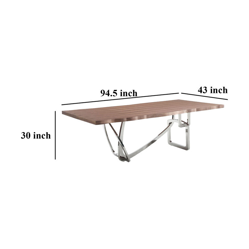 Ady Dining Table, 43x95 Walnut Top, Modern Chrome Steel Abstract Base - Benzara