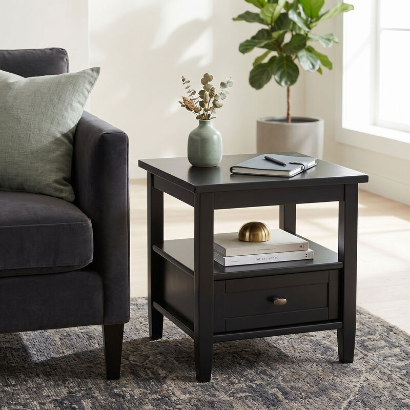 Warm Shaker SOLID WOOD 20 inch Wide Rectangle Transitional End Side Table in Black image number 1