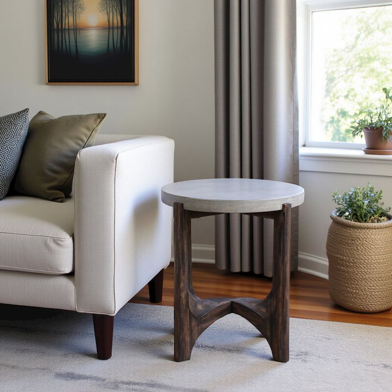 Starlight Canyon Home Farmhouse End Table, Brown Eucalyptus & Birch with Concrete Composite Top