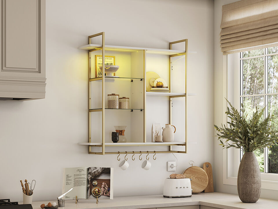 BELLEZE Floating Shelves for Wall with Lights, 40" LED Wall Mounted floating Shelves for Bathroom, Kitchen, Bedroom, Hanging Display Rack Bookshelf with 6 Hooks, Floating Bar Shelves Gaming Room Decor