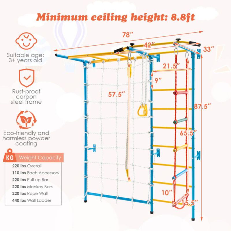 Hivvago 7 In 1 Kids Indoor Gym Playground Swedish Wall Ladder for Solid Wall