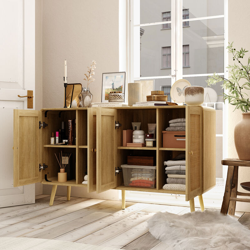 FUFU&GAGA Rattan Wardrobe, Modern Closet with 4 Doors, Gold Handles & Solid Wood Legs, Bedroom Storage Cabinet for Clothes & Accessories (55.1" W x 32.1" H x 13.9" D), Natural Wood