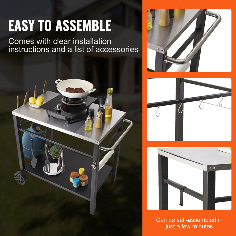 Modular Outdoor Grill Cart &ndash; Stainless Steel Worktable with Shelves, Handle, and Wheels for Pizza Oven & BBQ Setup