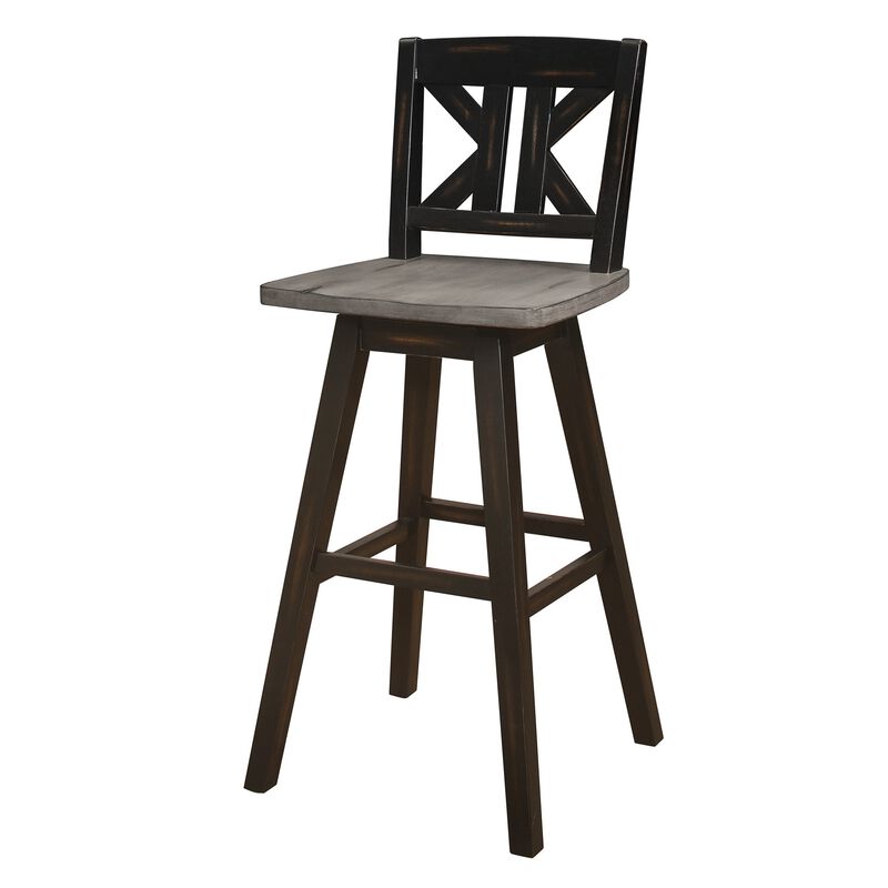 Ati 29 Inch Bar Height Stool Swivel Chairs Set of 2, X Back, Distressed Gray, Black image number 4