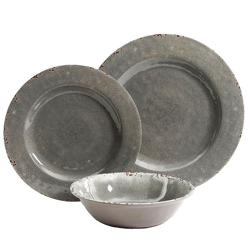 Studio California Mauna 12 Piece Dinnerware Set in  Gray Crackle Look Decal