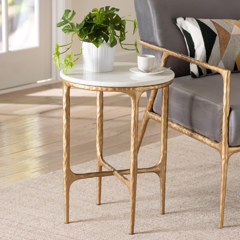 Baxton Studio Akanji Marble End Table - Modern Rustic Accent Table with Hand-Forged Metal Frame for Living Room or Seating Areas, Round image number 5
