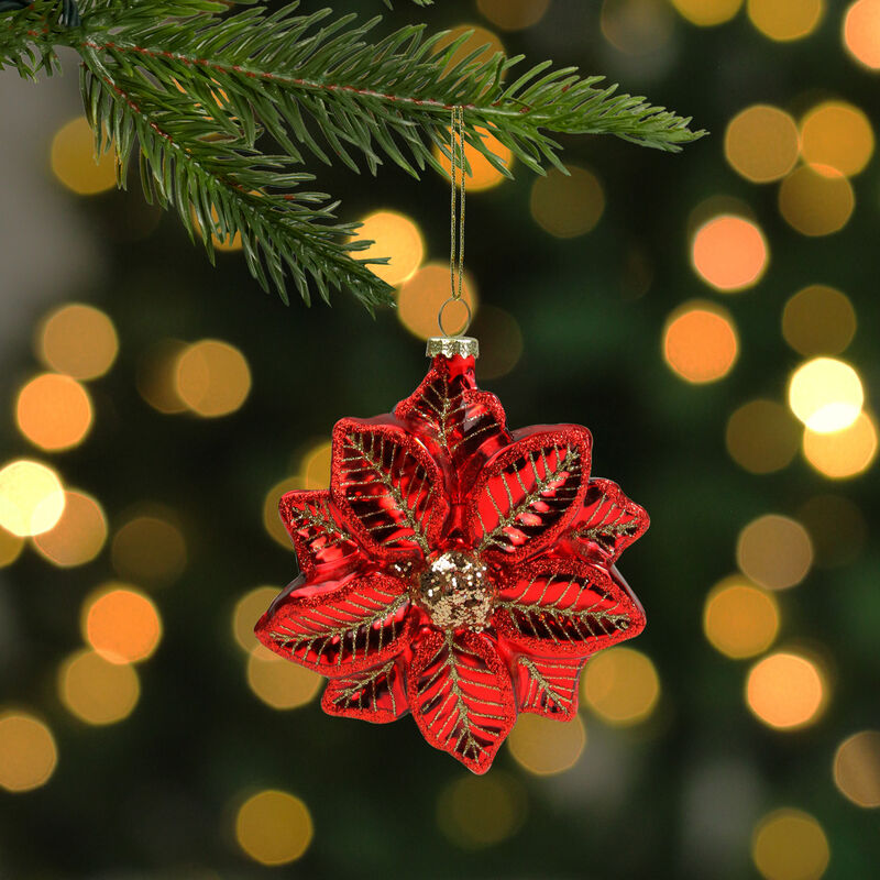 4.5" Red and Gold Glittery Poinsettia Glass Christmas Ornament image number 1