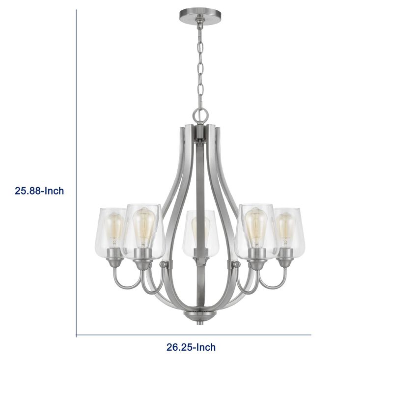 5 Light Chandelier, Teardrop Shape Glass Shades, Brushed Silver 26 Inch image number 7