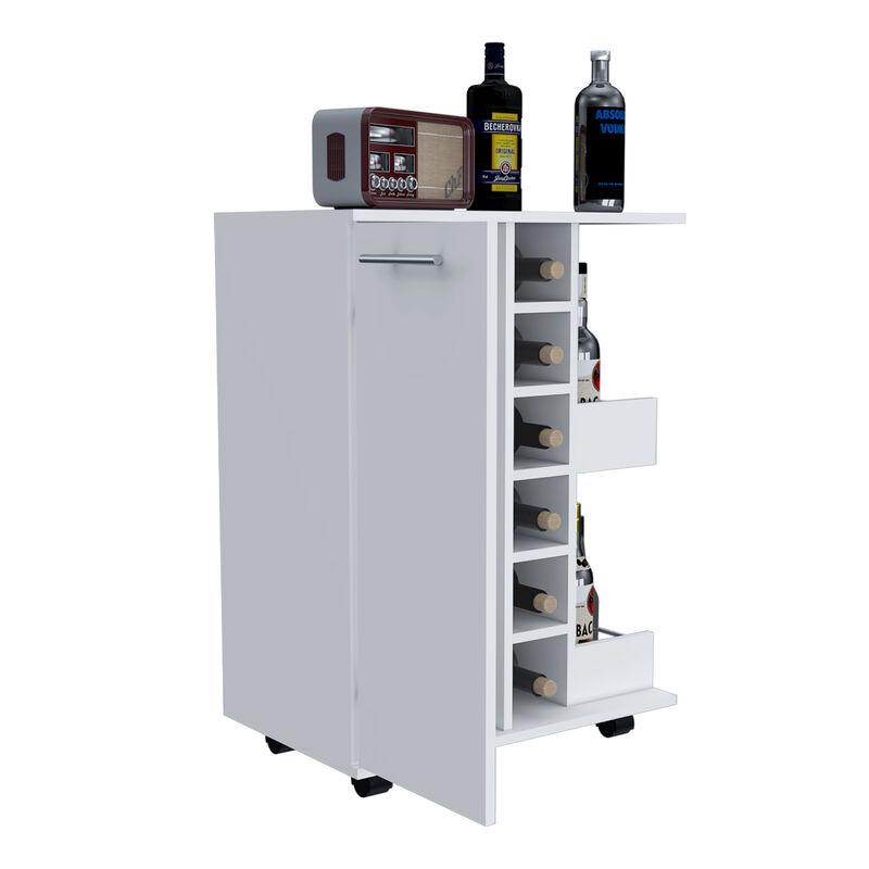 DEPOT E-SHOP Magda Bar Cart, Four Casters, Six Built-in Wine Rack, Single Door Cabinet, Two External Shelves, White